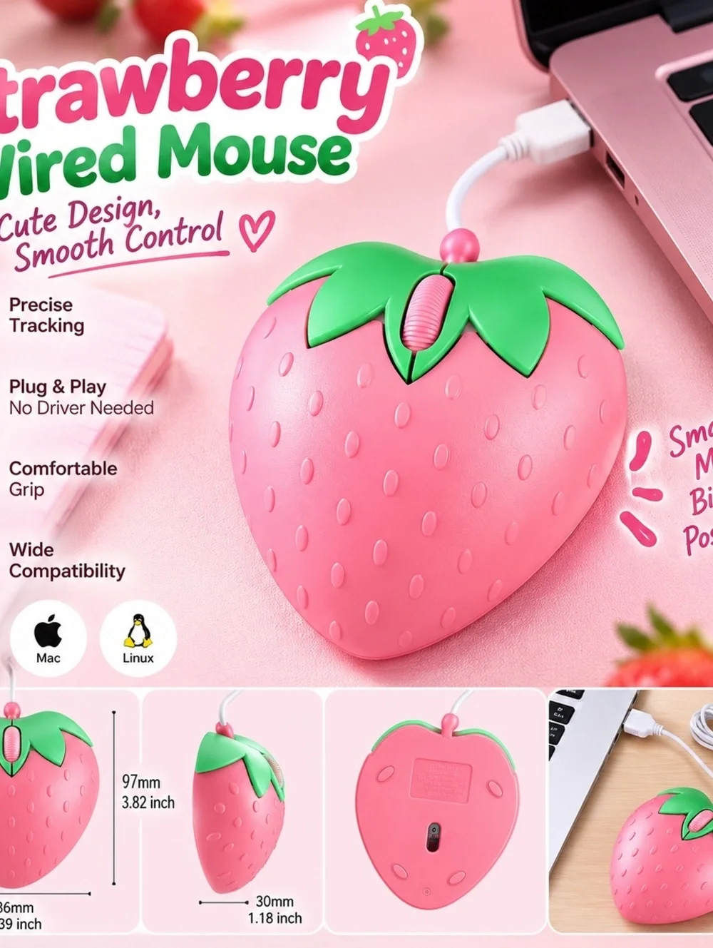 Strawberry Wired USB Mouse Cute Design with Smooth Control for Windows Mac Linux